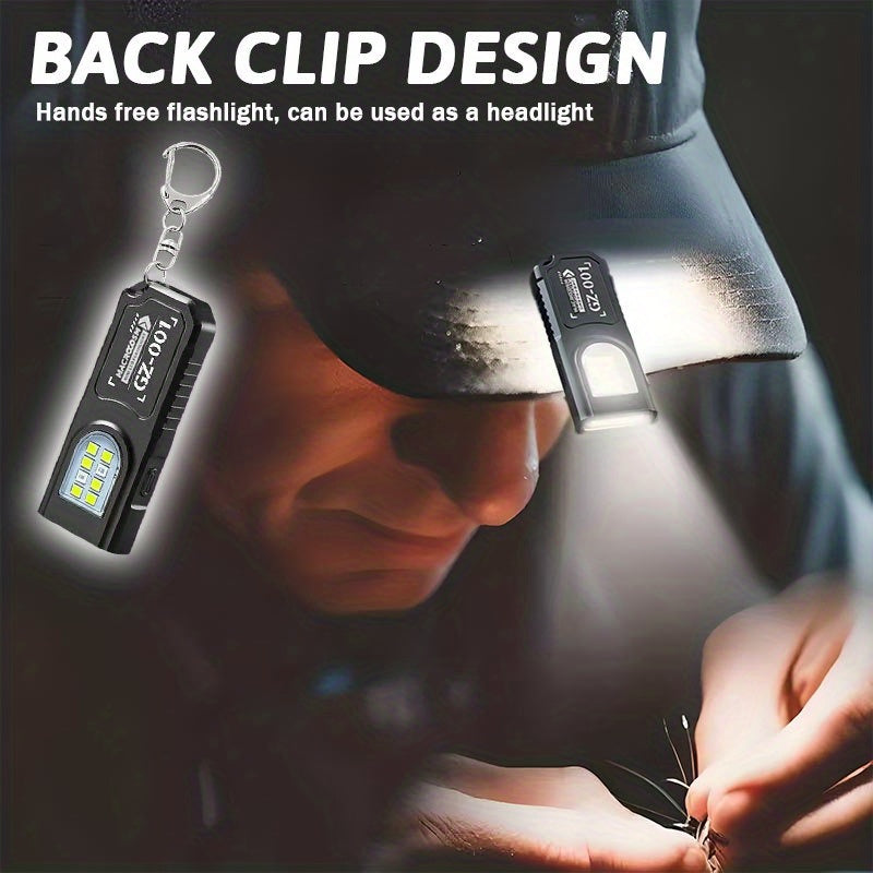 Portable USB Charging Handsfree Flashlight | Mini Keychain Lamp with Bottom Magnetic, Pen Clip Design Headlight, 5 Light Modes, Multi Functional Emergency Lantern, Hanging Tent Light, for Travel, Camping, Fishing