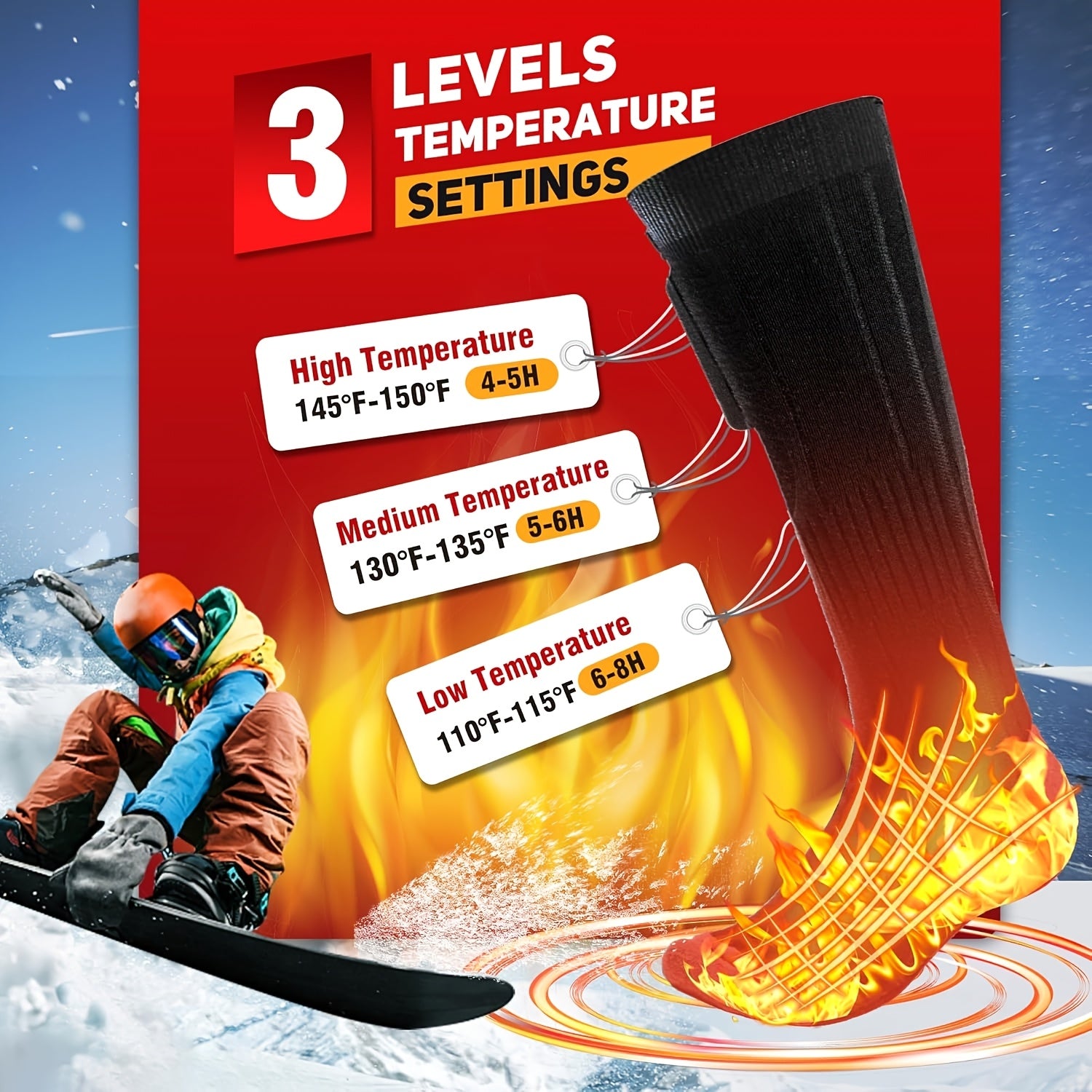 Heated Socks, Winter Warm Socks for Men Women with 3 Heating Settings, Washable Electric Thermal Socks with 2pcs 4000mAh Rechargeable Battery for Hiking Biking Skiing Hunting Outdoor Work